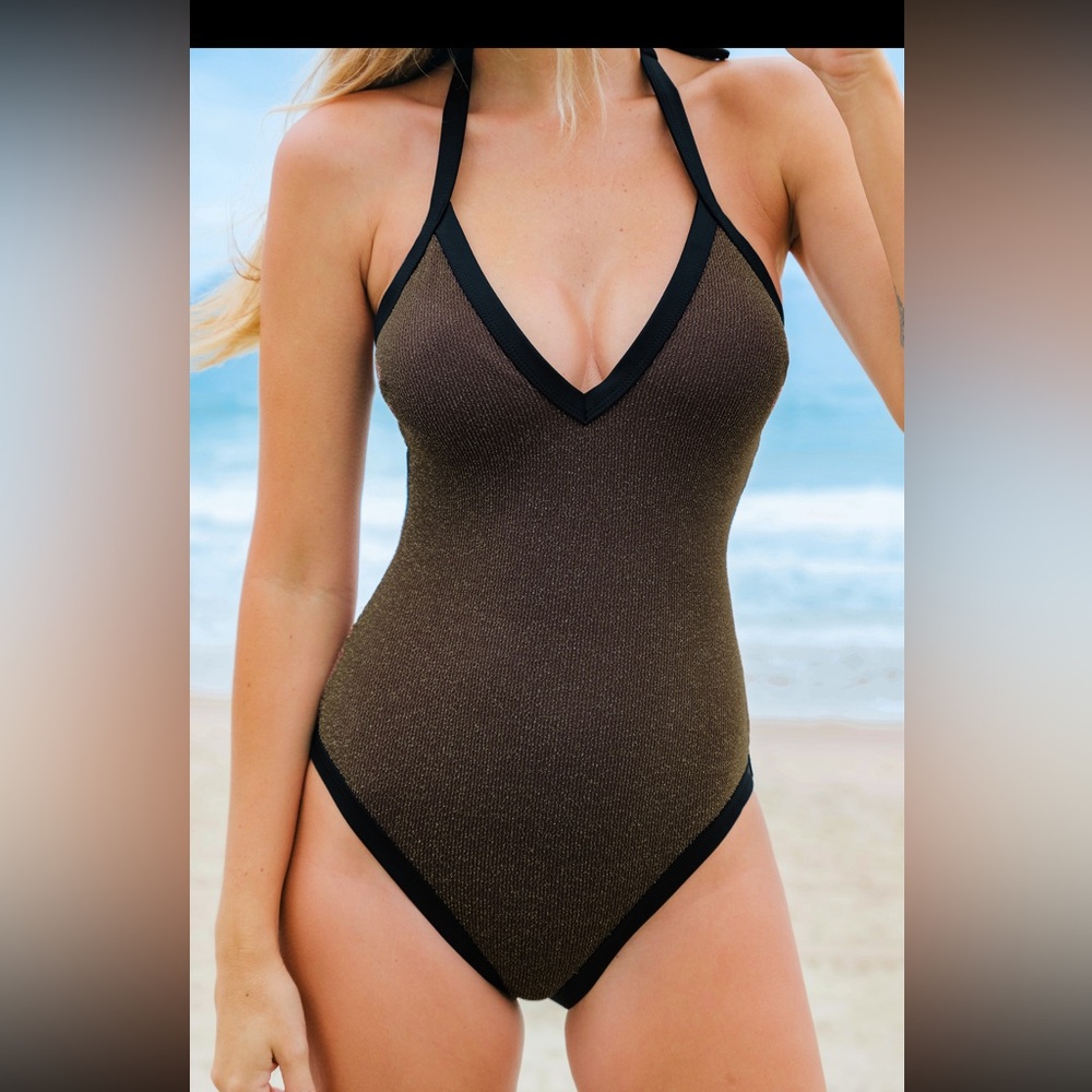 NWT Cupshe JoJo collection halter brown one piece swimsuit size small